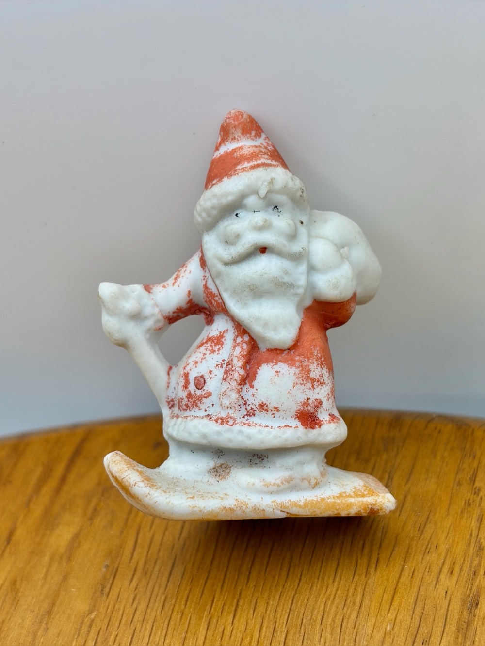 Santa Clause Skiing Vintage 1.75” Ceramic Bisque Christmas Figurine Japan S1185